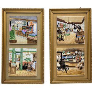 Vintage Enesco Framed Ceramic Wall Tiles Home Decor Early American Japan